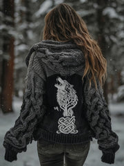 Women's Viking Wolf Tree Of Life Pattern Gradient Cardigan Knit Jacket
