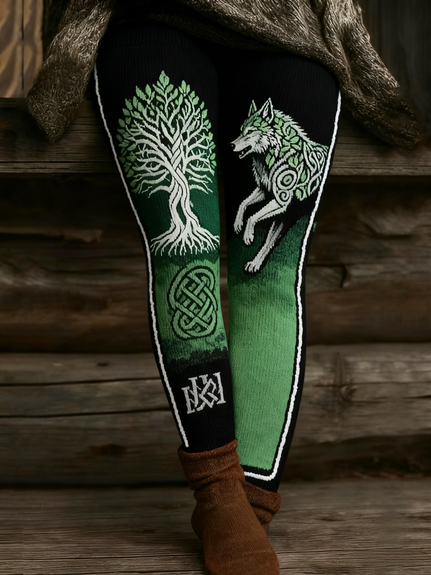 Women's Vintage Viking Wolf Celtic Knot Tree Of Life Patchwork Sports Stretch Leggings