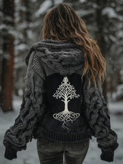 Women's Viking Tree Of Life Pattern Gradient Cardigan Knit Jacket