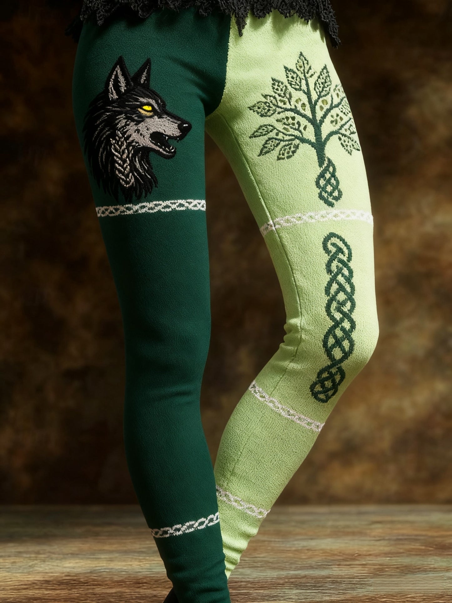Women's Vintage Viking Wolf Celtic Knot Tree Of Life Patchwork Sports Stretch Leggings