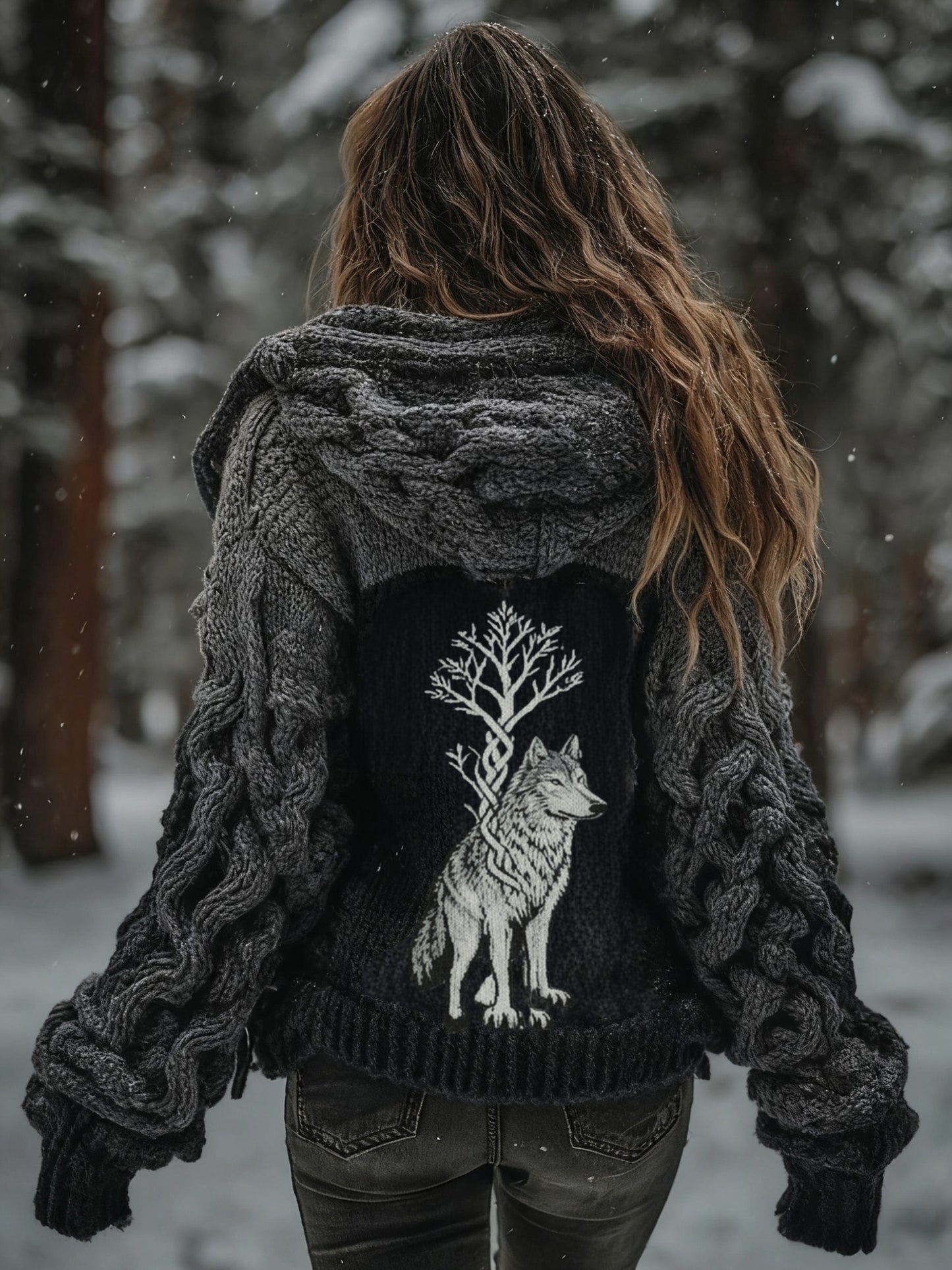 Women's  Viking Wolf Tree Of Life Pattern  Gradient Cardigan Knit Jacket
