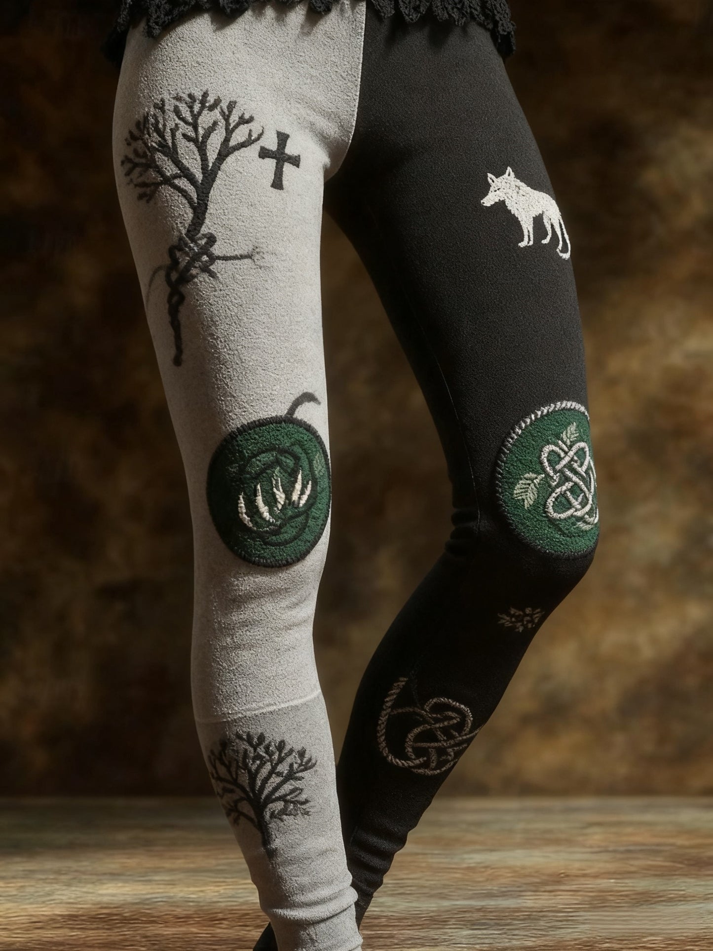 Women's Vintage Viking Wolf Celtic Knot Tree Of Life Patchwork Sports Stretch Leggings