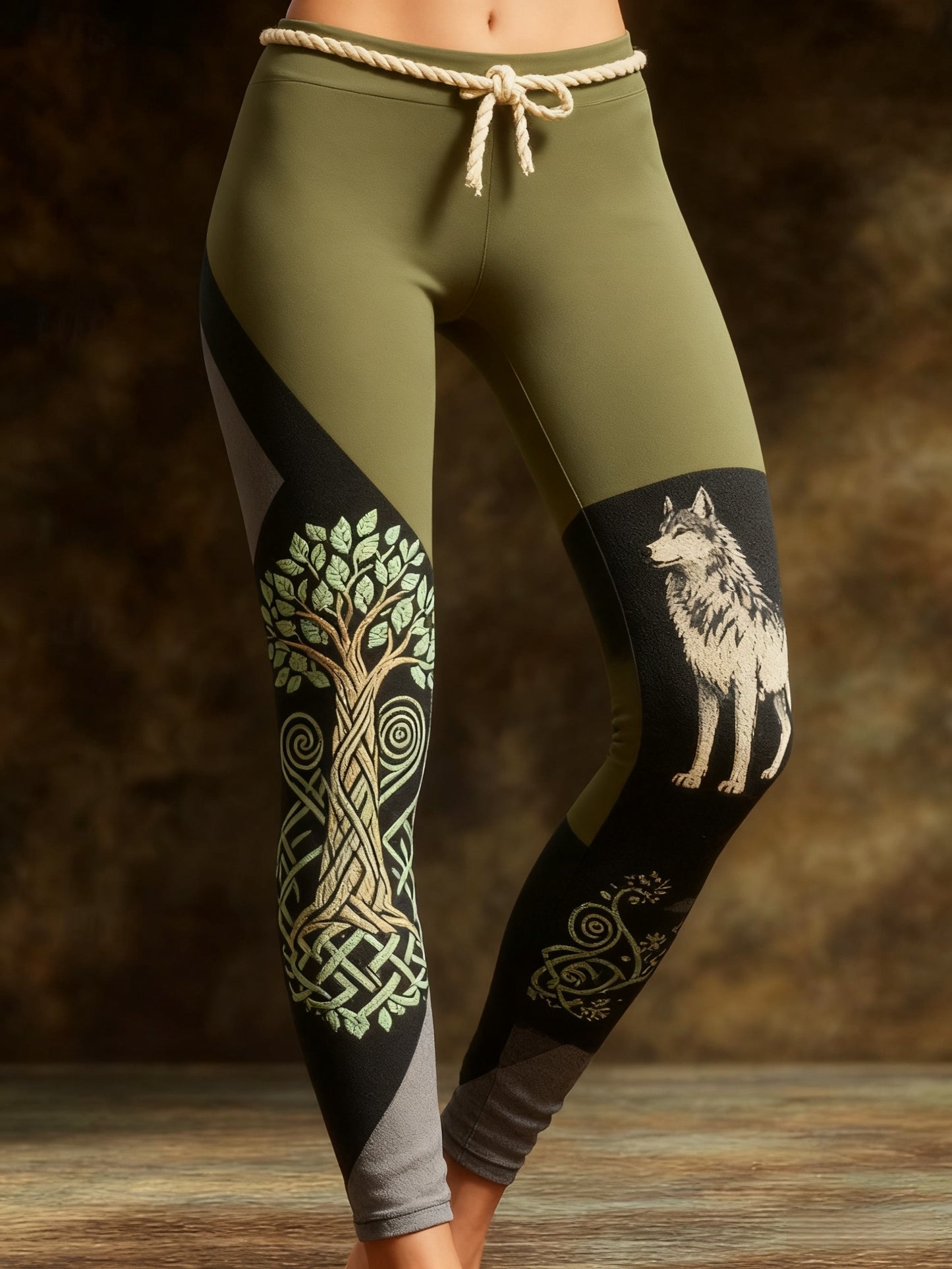Women's Vintage Viking Wolf Celtic Knot Tree Of Life Patchwork Sports Stretch Leggings
