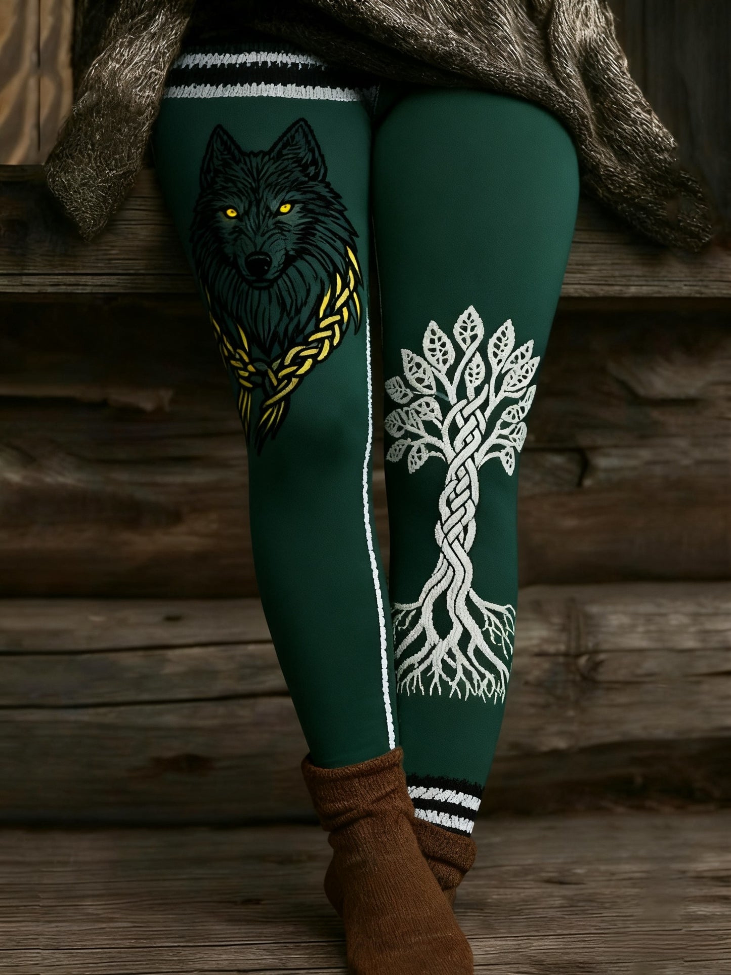 Women's Vintage Viking Wolf Celtic Knot Tree Of Life Patchwork Sports Stretch Leggings