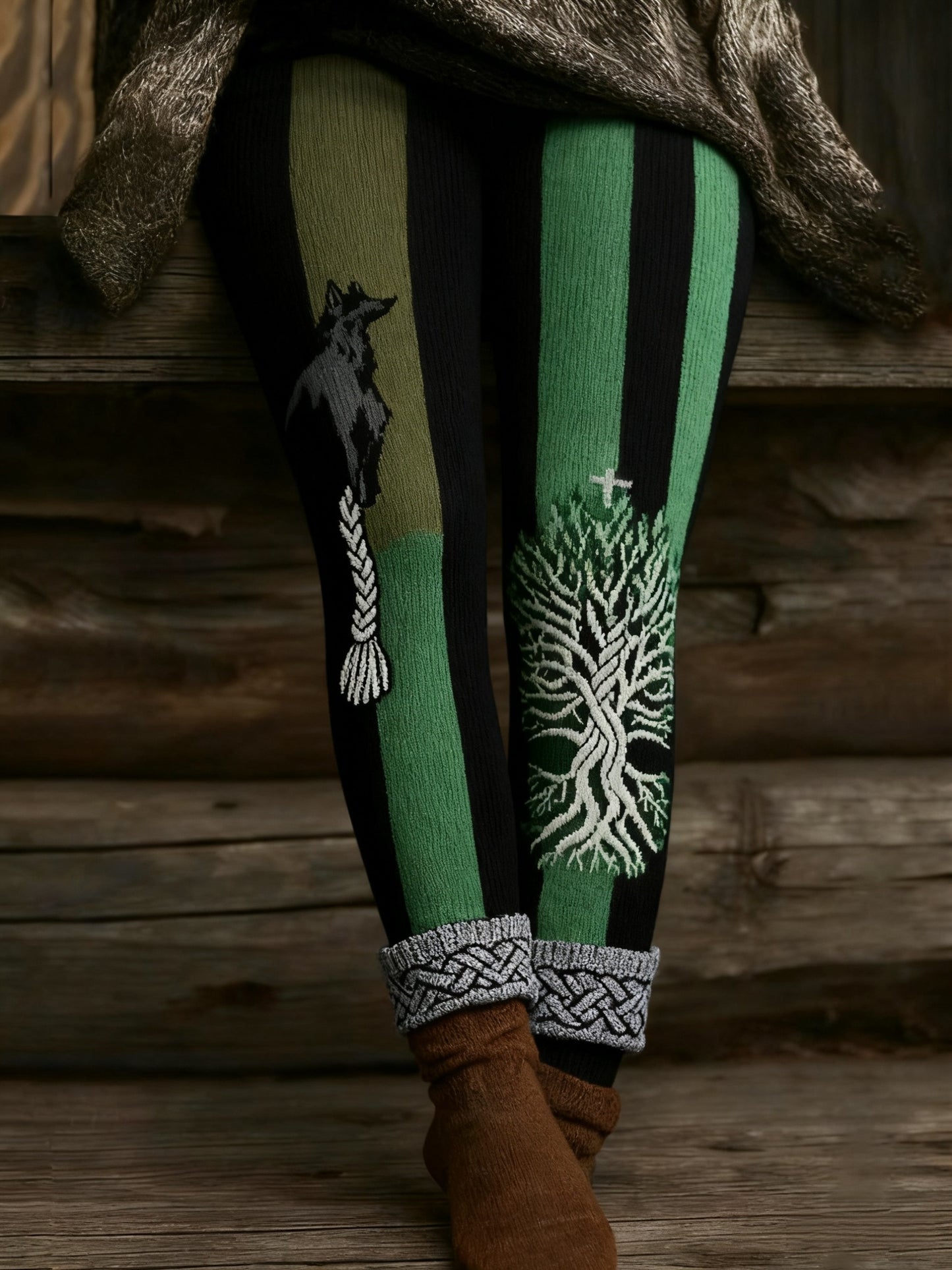 Women's Vintage Viking Wolf Celtic Knot Tree Of Life Patchwork Sports Stretch Leggings
