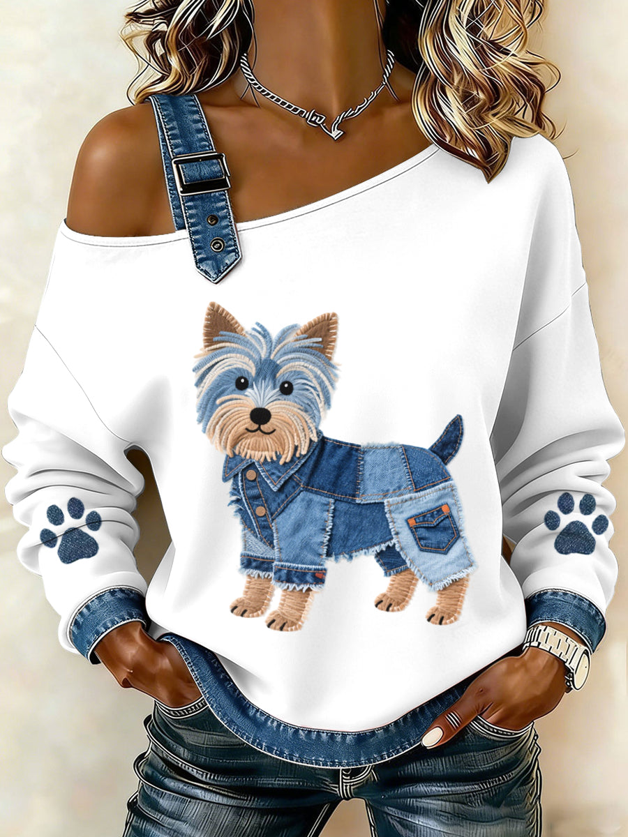 Women's Lovely Yorkshire Terrier Pattern Denim Patchwork Top