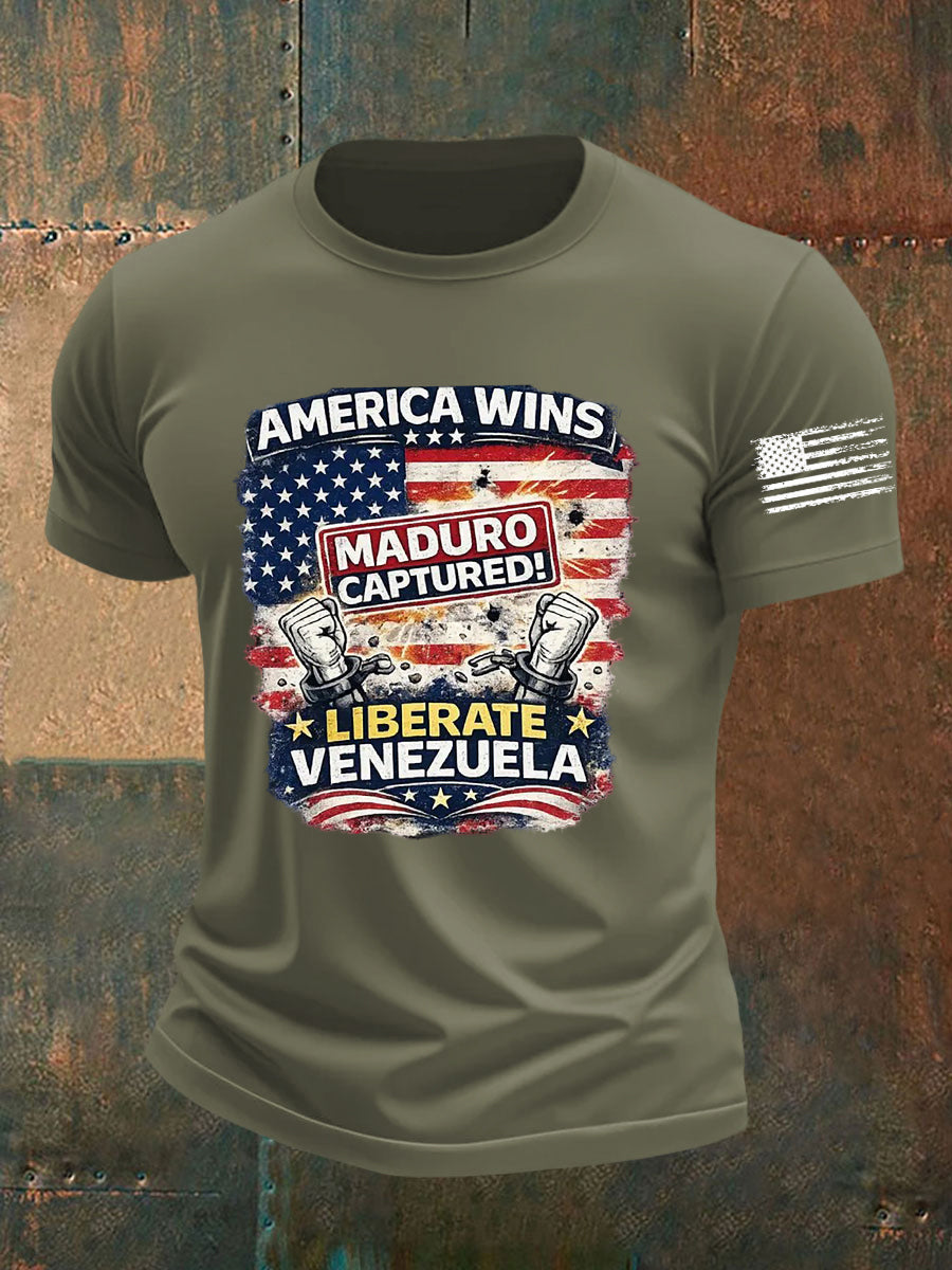 Men's America Wins Maduro Captured Liberate Venezuela Freedom Printed T-shirt