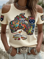 Women's Vintage Australian Holiday Casual Off-the-Shoulder Design Short sleeves T-Shirt