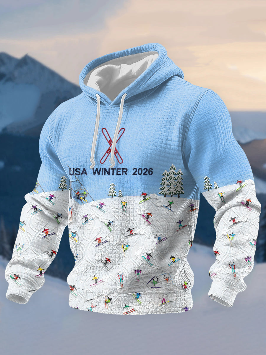 Men's Winter Sports 2026 Ski Printed Checkered Cotton Hoodie
