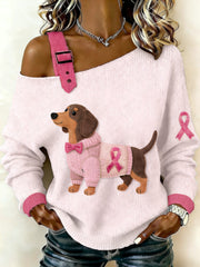 Women's Retro Dachshund Breast Cancer Awareness Casual Knit Top