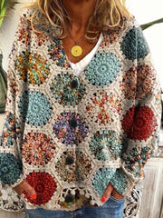 Women's Abstract Geometric Patchwork Art Print Buttoned V-neck Cardigan Sweater