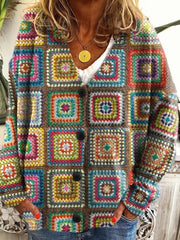Women's Abstract Geometric Patchwork Art Print Buttoned V-neck Cardigan Sweater
