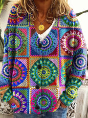 Women's Abstract Geometric Patchwork Art Print Buttoned V-neck Cardigan Sweater