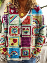 Women's Abstract Geometric Patchwork Art Print Buttoned V-neck Cardigan Sweater