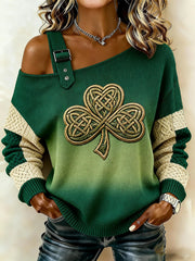 Women's St. Patrick's Day Celtic Knot Shamrock Print Casual Off-Shoulder Top