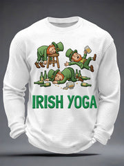 Men's Funny St. Patrick's Day Irish Yoga Print Casual Waffle Long Sleeve T-Shirt