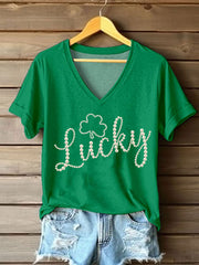 Women's St. Patrick's Day Pearl Shamrock Print Casual T-Shirt