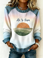Women's He Is Risen Christian Faith Print Easter Denim Patchwork Top