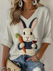 Women's Easter Bunny Art V-Neck Long Sleeve T-Shirt