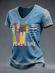 Women's Imagine All The People Living Life In Peace Print V-Neck Tee
