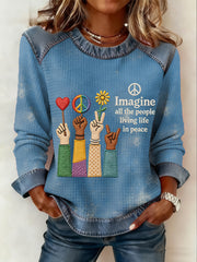 Women's Imagine All The People Living Life In Peace Print Denim Patchwork Top