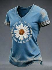 Women's Imagine All The People Living Life In Peace Print V-Neck Tee