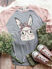 Women's Easter Bunny Animal Print Crew Neck Raglan Sleeve T-Shirt