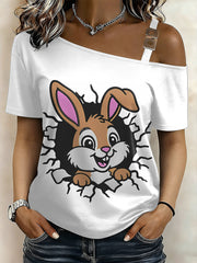 Women's Easter Bunny Printed One Shoulder Casual T-Shirt