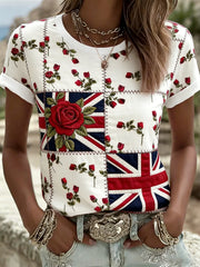 Women's British Style Plants Flowers Printed T-shirt