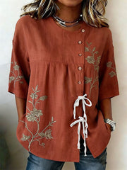 Women's Plants And Flowers Buttoned And Linen Blend Shirt