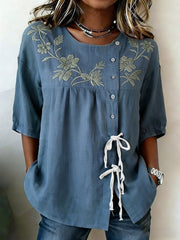 Women's Plants And Flowers Buttoned And Linen Blend Shirt