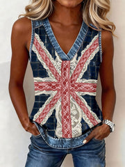 Women's British flag print V-neck tops