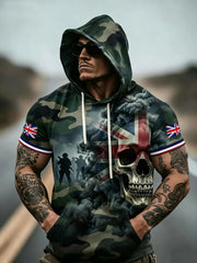 Men's British Veteran Silhouette Skull Camouflage Print Casual Short Sleeve Hoodie