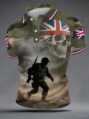 Men's British Veteran Silhouette Skull Camouflage Print Casual Polo