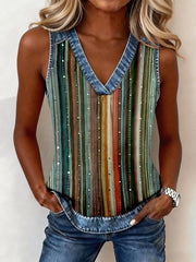 Women's Abstract Art Striped Print Denim Patchwork Top