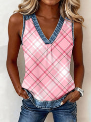 Women's Pink Plaid Pattern Denim Patchwork Top