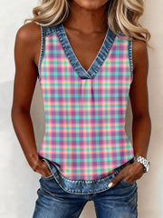 Women's Bright Plaid Pattern Denim Patchwork Top