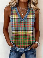 Women's Classic Plaid Pattern Denim Patchwork Top