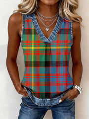 Women's Classic Plaid Pattern Denim Patchwork Top