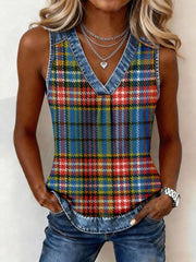 Women's Classic Plaid Pattern Denim Patchwork Top