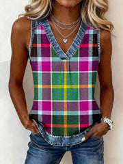 Women's Classic Plaid Pattern Denim Patchwork Top