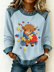 Women's Autism Awareness Print Denim Patchwork Top