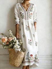 Women's Plants Flowers Art Print V-Neck Dress with pockets