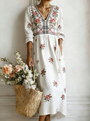Women's Plants Flowers Art Print V-Neck Dress with pockets
