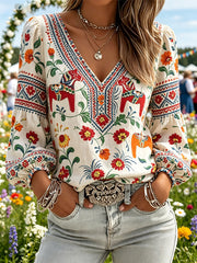 Women's Midsummer Festival Ethnic Print Casual Puff Sleeve V-Neck Top