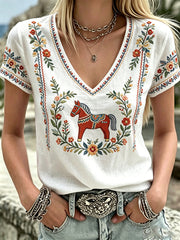 Women's Swedish Midsummer Print V-Neck Casual T-Shirt