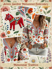 Women's Midsummer Festival Ethnic Print Casual Puff Sleeve V-Neck Top