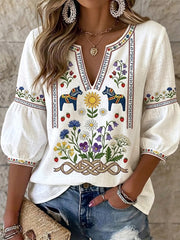 Women's Vintage-Style Swedish Midsummer Carousel Floral V-Neck Top