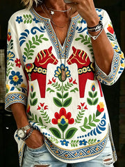 Women's Midsummer Festival Ethnic Print Casual V-Neck Top