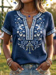 Women's Retro Swedish Midsummer Floral Art V-Neck T-Shirt